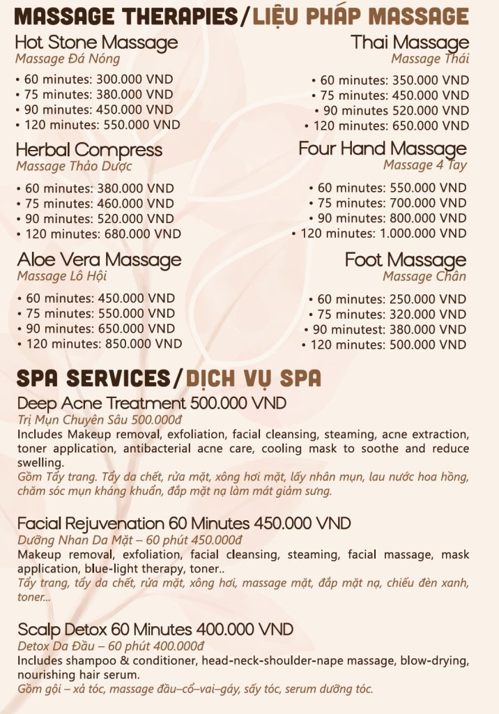 ChoeuSpa Danang Menu1